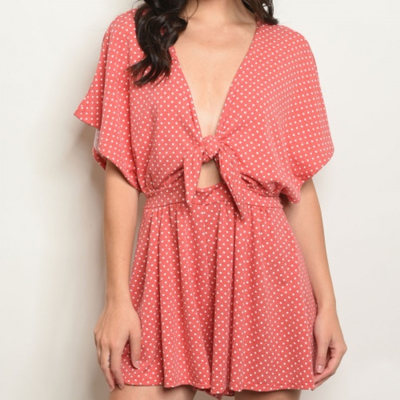 RED & WHITE TIE FRONT DOTTED ROMPER - Picture 3 of 8